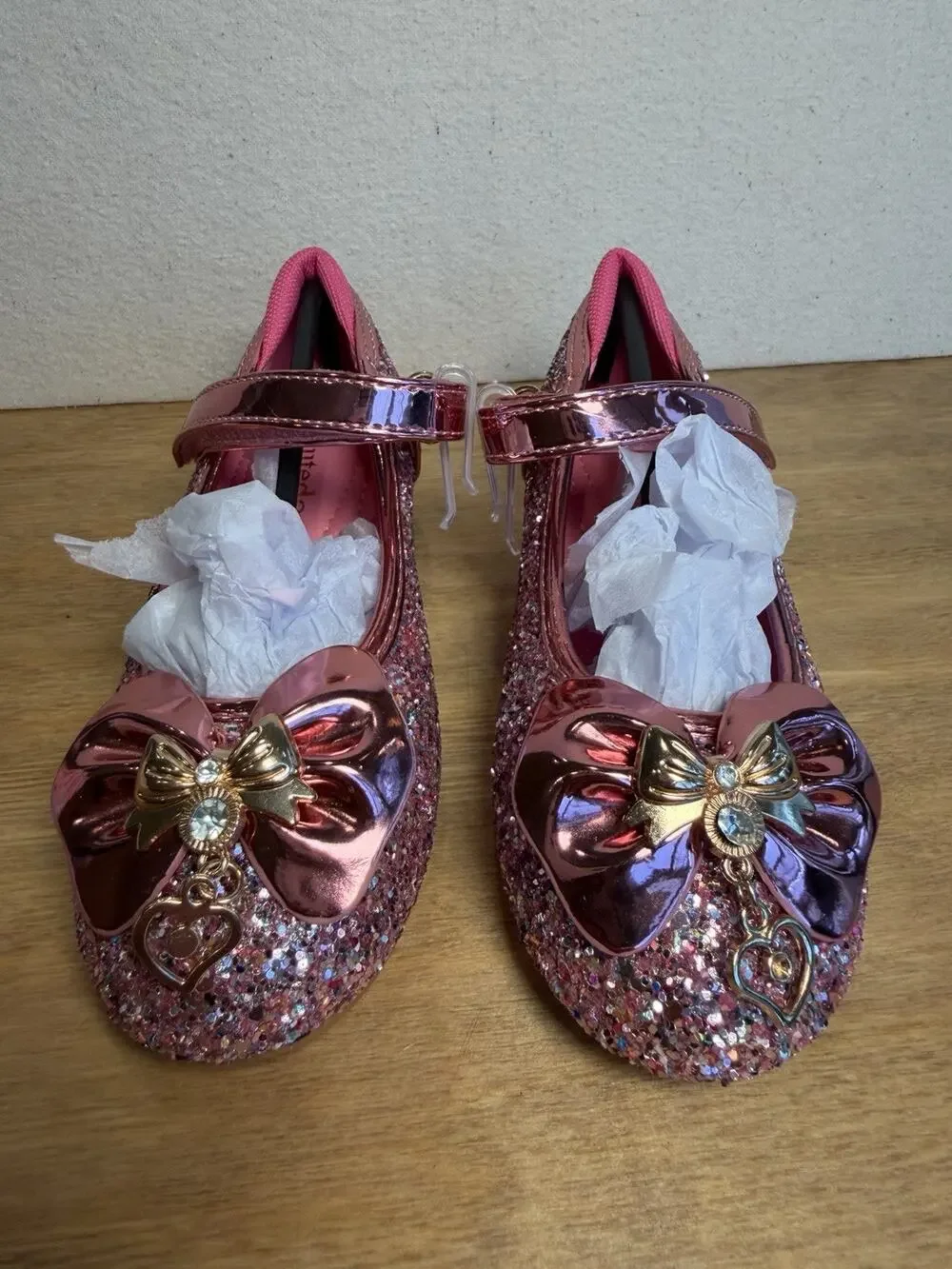 Cutedog Girls Glitter Mary Jane Dress Shoes Pink Bow Hearts US Size 8 New